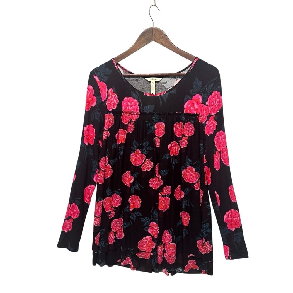 Matilda Jane Womens Top Size S Tunic Black Floral Long Sleeve Scoop Neck Knit